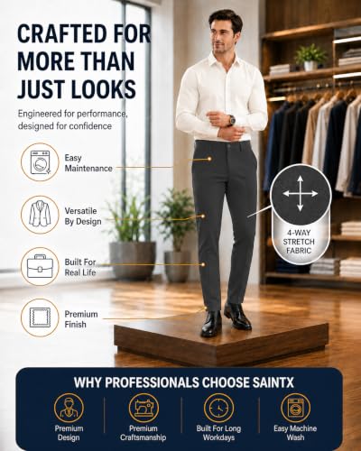 Image of SaintX Men's Premium 4-Way Stretchable Formal Summer Pants | Stylish Slim Fit Multi-Purpose Athleisure Trousers | Business Casual Office /Anytime Wear | Ultra Soft Feather Touch Sunscreen Fabric