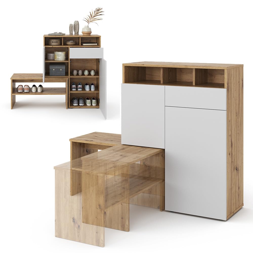 Vicco Schuhschrank Selena, Braun, 124.5 x 102 cm | mit Sitzfläche und variablen Ablageflächen
