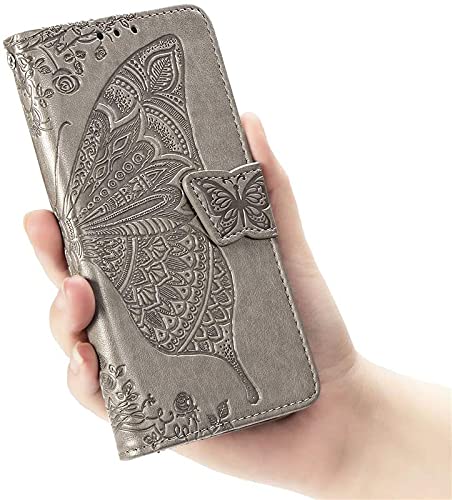 Image of ClickCase Butterfly Series for iPhone 15 Plus Leather Embossing Wallet Flip Case Kick Stand Magnetic Closure Flip Cover for iPhone 15 Plus (Grey)