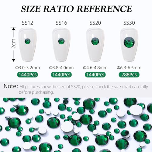 Image of Green Flatback Rhinestones, Glass Rhinestones for Nail Art and Craft, Glue Fix, Loose Crystal Gemstones(Green, SS20, 2880pcs, 4.6-4.8mm)