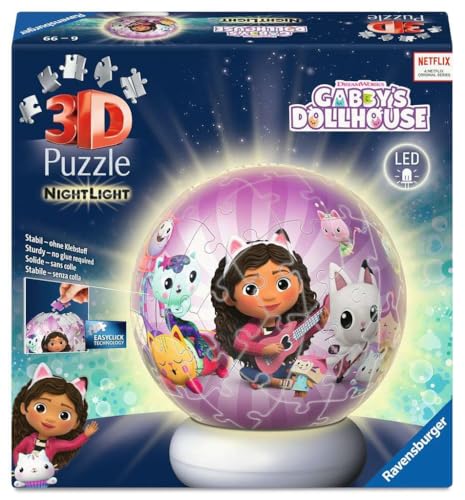 Ravensburger - Puzzle 3D Ball Nightlight Gabby's Dollhouse 74 Pezzi, Puzzle 6+ Anni