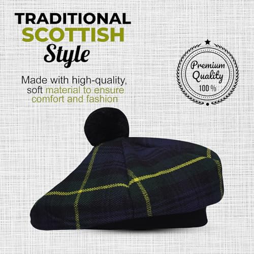 Image of Scottish Tam O' Shanter Hat Tartan Bonnet Pom Pom Wool Flat Cap One Size