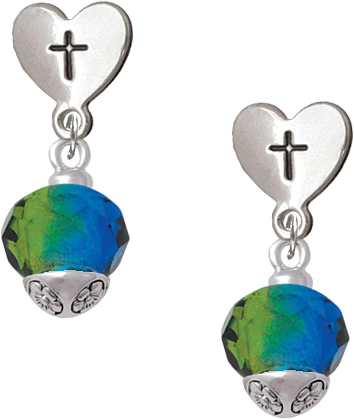 Delight Jewelry 12mm Faceted Glass Spinner Silvertone Cross in Heart Post Dangle Earrings