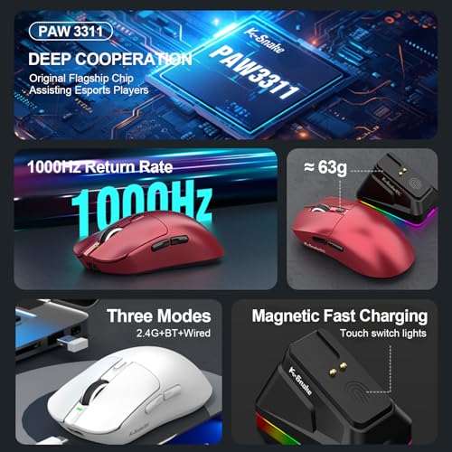 Image of Wireless Gaming Mouse with RGB Magnetic Charging Dock, Tri-Mode 2.4G /BT 5.3 /Wired, 12000 DPI, PAW3311 Sensor, 65g Lightweight, 7 Programmable Buttons, for PC /Mac (Red)
