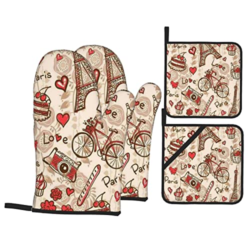 Paris And Love Oven Mitts And Pot Holders 4 Pcs Set Heat Resistant Non-Slip Oven Gloves And Potholders For Kitchen Cooking Baking Grilling Bbq #TOP4
