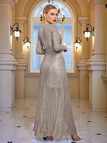 Image of Long Sleeve Sequin Dress For Women Formal Gowns Sparkly V Neck Maxi Dress