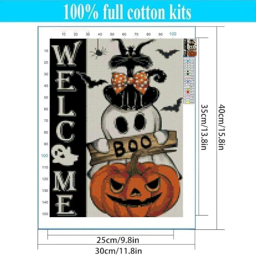 Image of Halloween Stamped Cross Stitch Kits for Adults Beginner, Black Cat Pumpkin Cross Stitch Kits Printed Stitching Patterns Dimensions Needlepoint Art Crafts Embroidery Kits for Adults Beginners 12x16 in