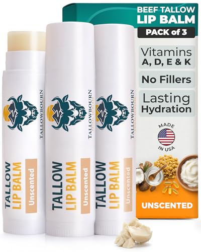 Tallowbourn Moisturizing Tallow Lip Balm Grass-Fed Beef Tallow with Organic Coconut Oil Beeswax and Vitamin E Unscented Lip Balm Set Travel Essential - 3-Pack