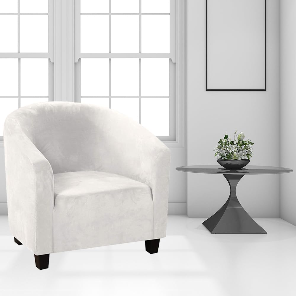 XMNTG Stretch Velvet Tub Chair Covers for Armchairs Club Chair Slipcover Armchair Cover Round Barrel Chair Covers Removable Furniture Protector for Living Room Bedroom Reading (White)
