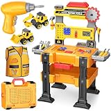 Spielzeug ab 3 Jahre: Kinder Werkzeugbank mit Echtem Elektro Bohrer & Abbaubaren Baufahrzeugen, Konstruktionsarbeiter Kostüm, STEM Lernspielzeug ab 3 Jahren, Geburtstagsgeschenk für Jungen und Mädchen
