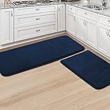 H.VERSAILTEX Kitchen Mat 2 PCS Non Slip Memory Foam Flannel Velvety Kitchen Runner Rugs Set - Water Absorbent Soft (47' x 17' + 24' x 17', Navy)