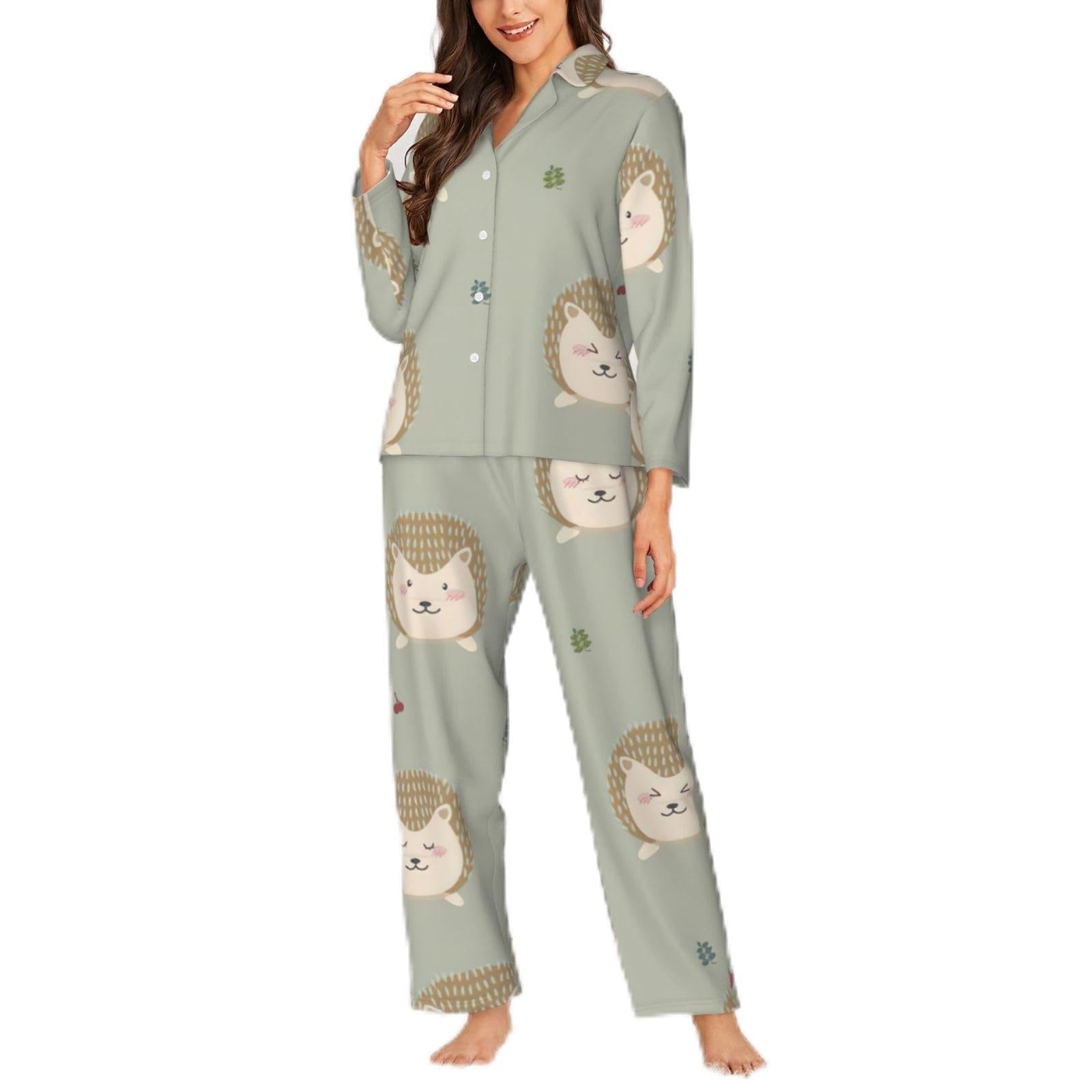 TAyang Many hedgehogs Print Womens Pajamas Set 2 Piece Long Sleeve Sleepwear Pjs Set Nightwear Lounge Black