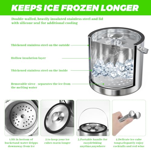 Seau à glace isolé Sprifityy 2.2L avec couvercle silicone et pince