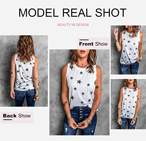 Diukia Women's Plus Size Loose Crewneck Star Print Pattern Tank Tops Summer Casual Round Neck Sleeveless Graphic Tshirts Cute Side Split Sleeveless Shirts Blouses For Teen Girls White 2Xl #TOP2