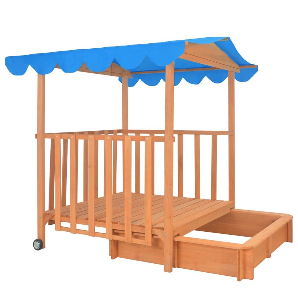 Kinderspielhaus mit Sandkasten aus Tannenholz Blau UV50-Schutzdach, 130x130x143 cm, mit Rollen, Montagematerial, Garten Outdoor Spielhaus für Kleinkinder zum Draußenspielen und Buddeln