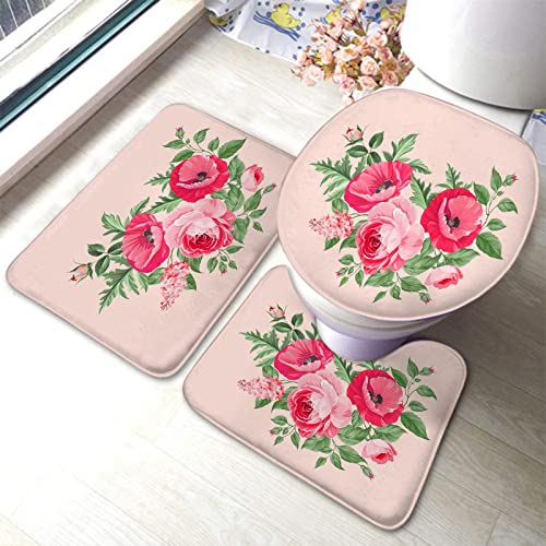 Badezimmerteppich-Set, 3-teilig, Mohnblumen, Blumen, Botanik, Pastell, waschbare Badteppiche, rutschfest, mit Rückenpolster, Konturteppich und Toilettendeckelbezug