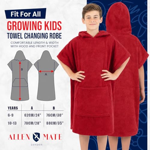Image of ALLEN & MATE 100% Cotton Kids Hooded Surf Poncho Changing Robe, Quick Absorbent Wearable Swim Towel Boys & Girls, 6-13 Years