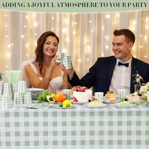 Image of Funnymoom 452 Pcs Sage Green Gingham Party Supplies for 50 Guests, Green Gingham Paper Plates Napkins Cup Tablecloth Disposable Tableware for BBQ Picnic Birthday Baby Shower Wedding Party Decoration