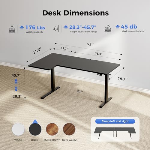 Image of Agilestic 55 Inch Reversible L Shaped Standing Desk, Electric Height Adjustable Desk with Memory Preset, Sit Stand Up Computer Workstation for Home Office, Splice Board, Black