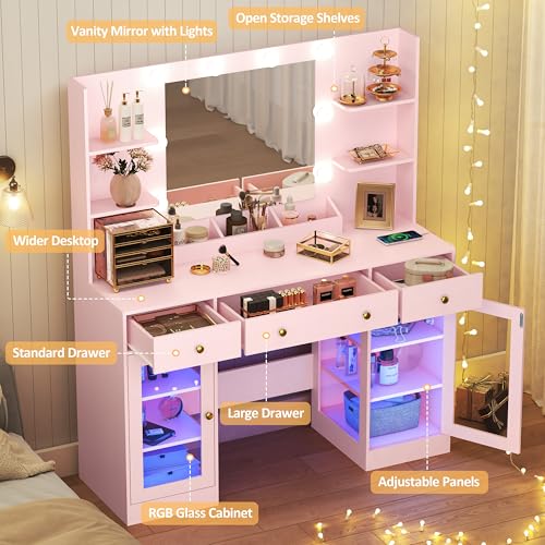 Image of HUANLEGO Vanity Desk with Mirror and Lights, Large Makeup Vanity Set with Power Outlet & RGB Glass Cabinet, 3 Drawers, Pink Vanity Mirror with Lights Dressing Table for Girls Women, 3 Color Modes