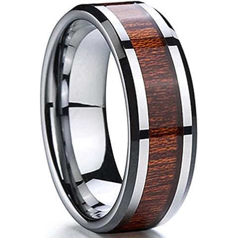 Fashion Month Men 8mm Silver Tungsten Carbide Wedding Engagement Ring Polished Beveled Edge Wood Inlay Band Comfort Fit white Cover