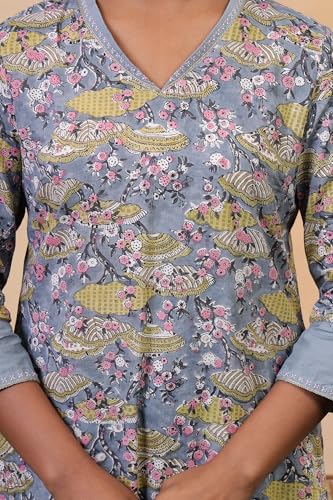 Image of Folksong Women's Opal Blue Cotton Straight-Fit Floral Hand Block Printed Kurta