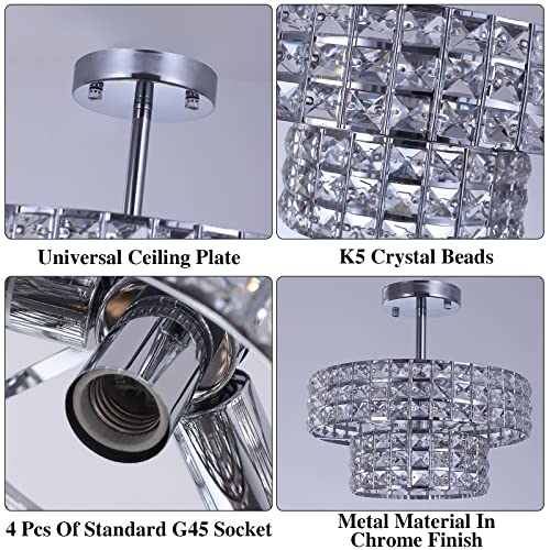 Lasenchoo 4 Lights Modern Crystal Chandeliers For Living Room Kitchen Dining Room Light Fixture, Crystal Flush Mount Ceiling Light Fxiture Brushed Nickel Flush Mount Chandelier G45 Bulbs(Not Include) #TOP5