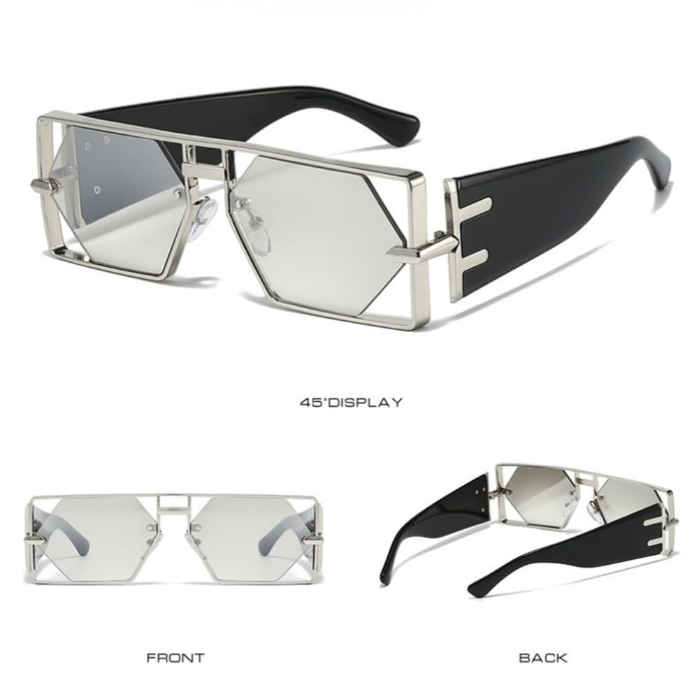 Okulary przeciwsłoneczne damskie w stylu vintage steampunk prostokątne, metalowe, puste soczewki heksagonalne, modne okulary przeciwsłoneczne z podwójną wiązką UV400