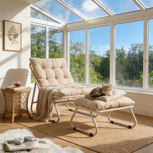 Patio Outdoor Lounge Chair with Ottoman Set, Comfy Sling Recliner Chair with Puffy Cushion and Foot Stool, Modern Outdoor Chaise Lounge for Porch Balc