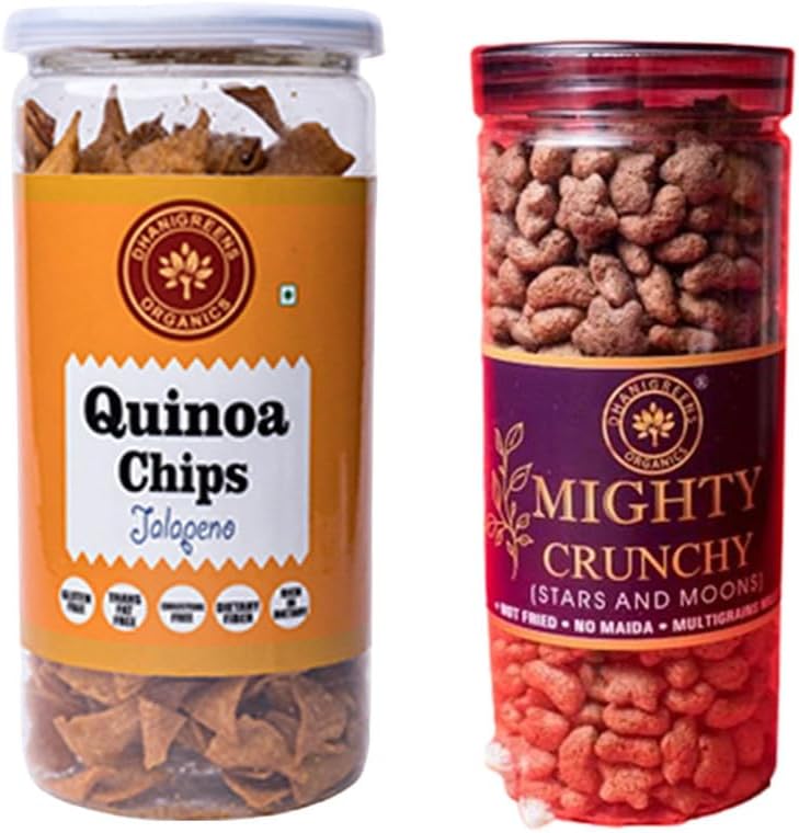 Dhanigreens Organics Salty Chips 300gm (Quinoa Jalapeno Flavour 150g + Mighty Choco Star & Moon Ragi Flavor 150g) Healthy Snacks, Gluten-Free, Cholesterol Free, High in Dietary Fiber (Combo of 2)