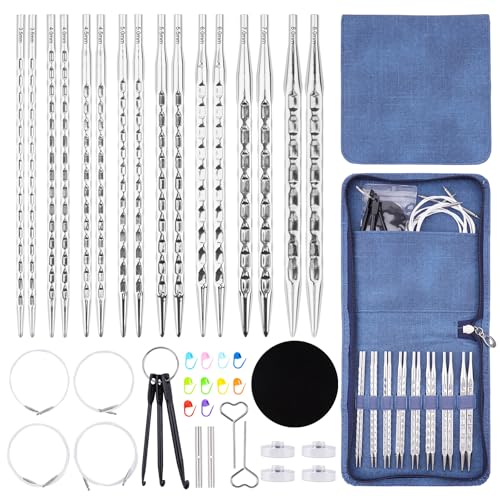 Image of BsHooker Interchangeable Knitting Needles Set with Case,8 Pairs Square Aluminum Circular Knitting Needles with 4 Cable,Ergonomic Needles Kit 3.5mm-8mm