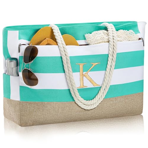 YOOLIFE Large Initial Beach Bag Waterproof Tote Zipper Bag Personalized Gifts for Women Her Birthday Travel Beach Essential