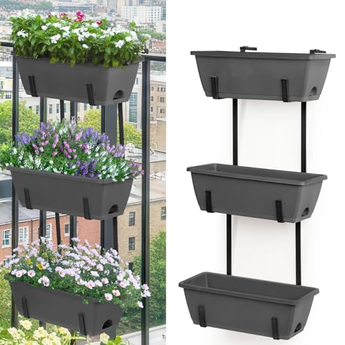 OYEAL Deck Railing Planters Vertical Garden Hanging Planter Boxes with Adjustable Brackets, Set of 2 Hanging Flower Pots for Railing Fence with 6 Plastic Planter Boxes, Grey