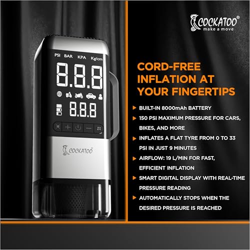 Image of Cockatoo ATJ-9366-V Portable Tyre Inflator & 8000mAh Car Jump Starter with Air Compressor, Vacuum Cleaner, LED Display, Emergency Light & USB Output - Supports 6.0L Gas /3.0L Diesel Engines