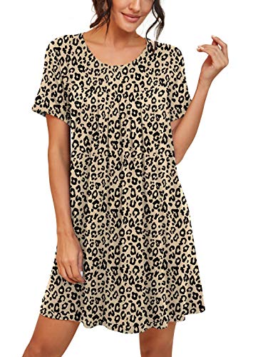 Prinstory Womens Sleepwear Short Sleeve Nightgown Soft Sleepshirt Pleated Nightshirt Scoopneck Casual Loungewear Fp-Leopard Khaki-Large #TOP3