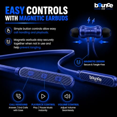 Image of Bouncefit Sonic 144 Bluetooth Wireless Neckband, 35H Continuous Playback Battery, Deep Bass, Stereo Sound, HD Calls, Type C Fast Charging, Rich Audio, Bluetooth Neckband with Mic Earphones (Blue)