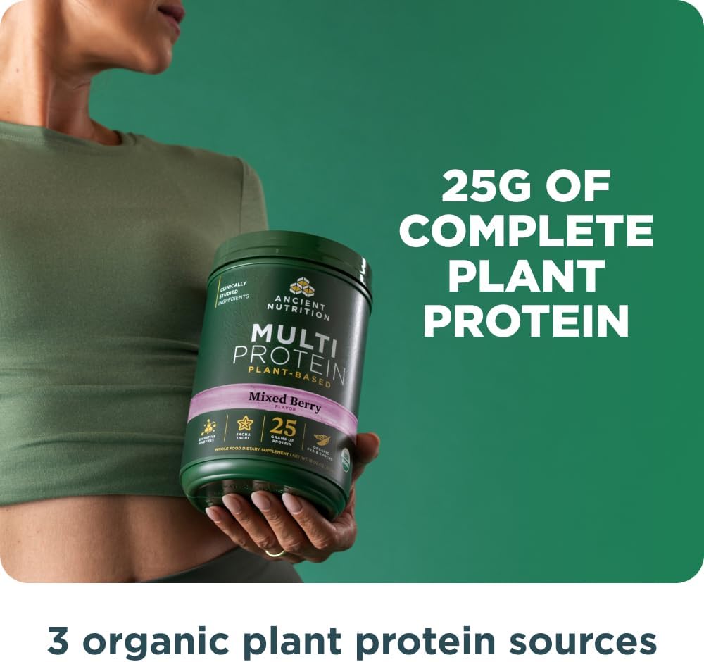Ancient Nutrition Organic Multi Protein Plant Based Powder, 25g Protein, Hydrolyzed Pea Protein, Digestive Enzymes & Probiotics, Supports Muscle & Gut Health, Mixed Berry, 15 Servings