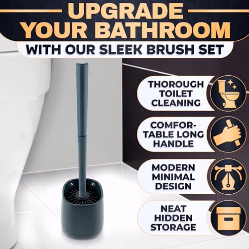 Image of Toilet Brush and Holder Set - Silicone Toilet Brush Cleaner with Dark Grey Holder Base, Compact Accessory for Small Spaces - Easy to Place & Simple to Store After Use, Plastic Bathroom Cleaning Tool