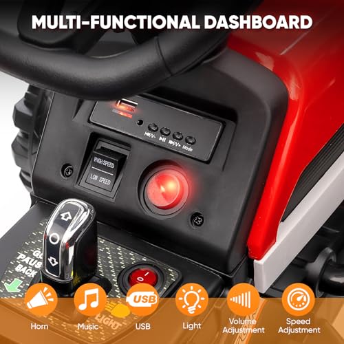 12V 3-Gang Traktor mit abnehmbarem Anhänger und 2,4G Fernbedienung, Kinder Aufsitztraktor mit LED Lichtern, Musik, Hupe & USB Funktionen, geeignet für Kinder ab 3 Jahren (Rot) – Bild 8