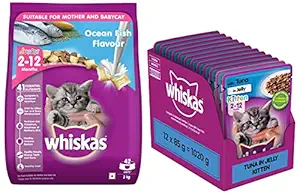 Whiskas Kitten (2-12 Months) Dry Cat Food, Ocean Fish with Milk, 3kg Pack & Wet Food for Kittens (2-12 Months), Tuna in Jelly Flavour, 12 Pouches (12 x 85g)
