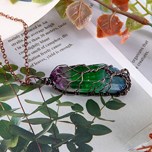 Bivei Tree of Life 7 Chakra Gemstone Copper Wire Wrap Irregular Clear Quartz Point Crystal Pendant Necklace(Bronze Titanium Coated Multi Color #2)