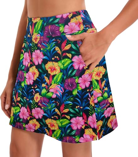 Oyamiki Women's Active Athletic Skort Lightweight Tennis Skirt Perfect for Running Training Sports Golf, D08 Pink Yellow Floral, X-Large