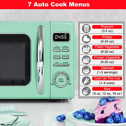 Image of Galanz GLCMKZ09GNR09 Retro Countertop Microwave Oven with Auto Cook & Reheat, Defrost, Quick Start Functions, Easy Clean with Glass Turntable, Pull Handle.9 cu ft, Green