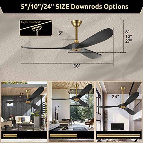 60 Inch Black Gold Ceiling Fans No Light Modern Indoor Outdoor Ceiling Fans For Patios, Farmhouse, Living Room, 3 Blades Wood Ceiling Fan Large Air Volume Energy Efficient Dc Motor Remote Wall Switch #TOP5
