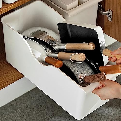 Typutomi Kitchen Cabinet Organizers and Storage, Plastic Pan Pot Holder Pot Cover Rack with Wheels Pantry Organizer Bathroom Storage Basket(White, L)