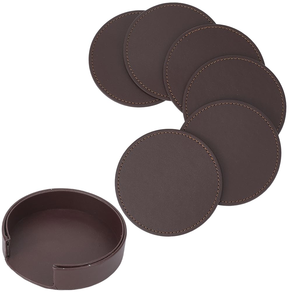 CALFOVERA 6PCS Brown PU Leather Coasters for Table Protection 10cm Round Drink Cup Holders Leather Handmade Table Mats Non Slip Thermal Insulation Pads with Base for Glass Coffee Cup Mug Home Bar