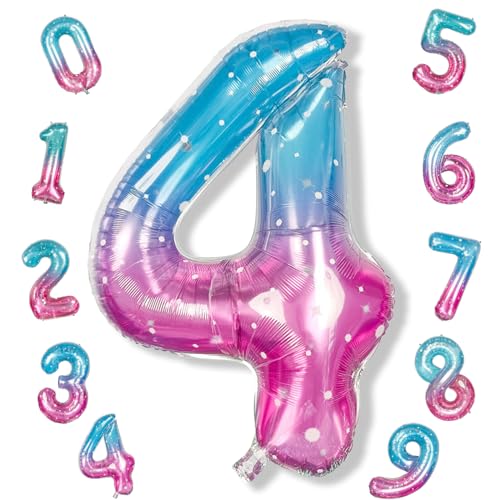 Purple Teal Number 4 Balloons, 40 In Large Mermaid Starry Number 4 Mylar Foil Helium Balloons for Girls, Self Inflating Rainbow Number Four Balloon for Women 4th Birthday Anniversary Party Decoration