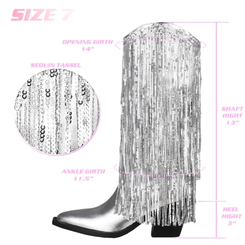 Mattiventon Fringe Metallic Cowboy Boots For Women Sparkly Tassel Pointed Toe Chunky Hell Mid Calf Boots2