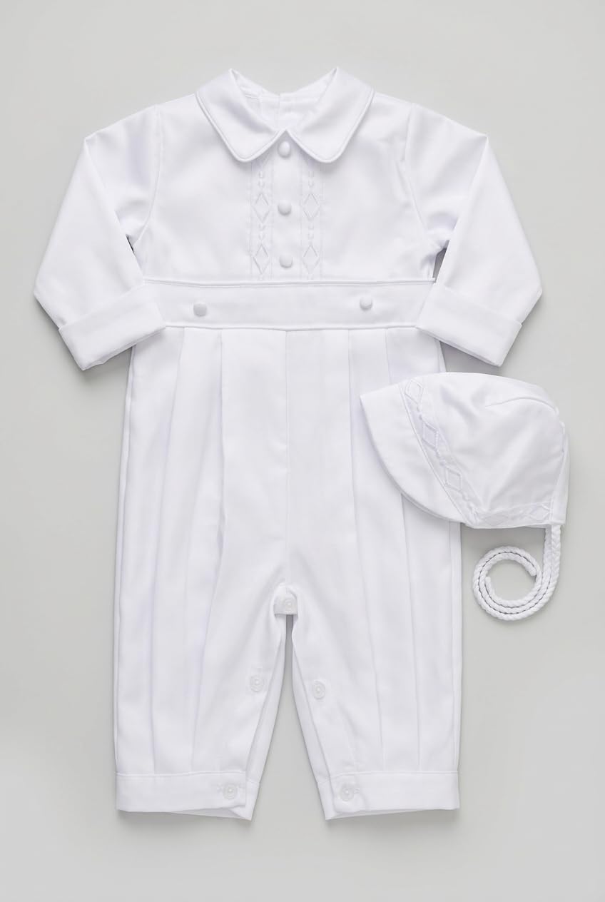 SIRRI Completo da Battesimo Bianco per Neonato, Composto da Tutina, Cappellino e Gilet Testurizzato.