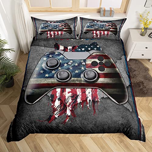 American Flag Bedding Sets,Gaming Comforter Cover Set For Boys Queen,United States Duvet Cover Set Usa Stars And Stripes Quilt Cover,Grunge Aged Grey Red Blue American Flag Independence Day #TOP2